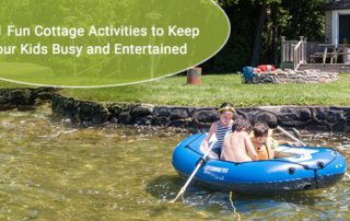 Kids in a small inflatable raft. text: 11 Fun Cottage Activities to Keep Your Kids Busy and Entertained