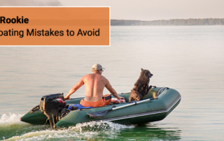 Man and dog in a boat on a lake. text: 8 Rookie Boating Mistakes to Avoid