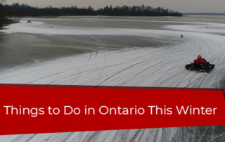 go-karts on a frozen lake track. text: 7 Things to Do in Ontario This Winter