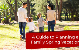 Family walking on a sunny trail. text: A Guide to Planning a Family Spring Vacation