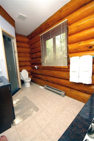 Glengary cabin bathroom with shower and air jet tub.