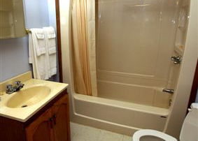 Pines cottage bathroom with shower/tub combo.
