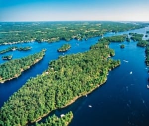 Aerial view of Thousand Islands in Canada.